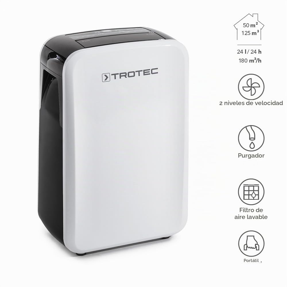 TROTEC Deshumidificador eléctrico TTK 71 E / 24L / Pantalla LED/Desagüe 2L / Silencioso/Portátil/para Habitaciones de 50m² / 125m³ / Filtro de Aire