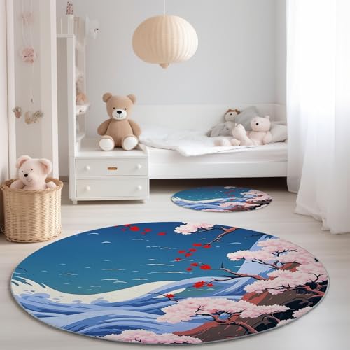 Genérico Alfombra Redonda para Dormitorio 90 cm - Oriental Ukiyo-E Japonés Olas del Mar Tema Franela Pelusa Corta Alfombras Redondas, Azul Antideslizante Alfombra para Decoración de Comedor