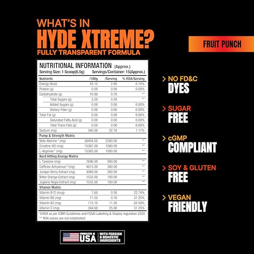 Image of HYDE Xtreme - Hard Hitting Energy Pre Workout Supplement | Caffeine, Beta-alanine, Creatine HCl, L-arginine | For Muscle Pump, Vascularity, Strength and Focus | 15 servings (Fruit Punch)