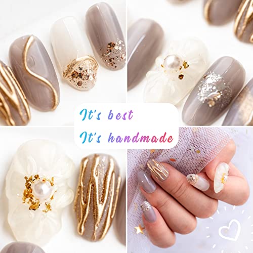 Sun&Beam Nails Handmade Press On Nails Medium Oval Taupe Cream Gold Pearl Foil Glossy 10 Pieces Easy Manicure for Everyday Wear and Going Out (#014 XS) - Image 2
