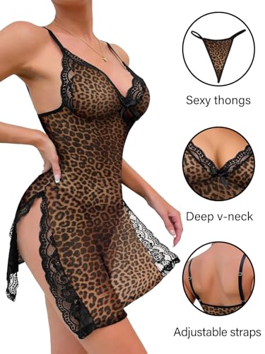 Image of Foxiny Sexy Split Side Floral Lace Trim Full Slip Night Gown Babydoll Lingerie Dress with Thong 2 piece