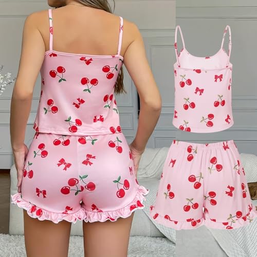 Gatamiau Femme Ensemble Pyjama Été Vêtements de Nuit Hauts et Shorts, Col Rond Imprimé Cerises sans Manches Ensemble Salon Confortable (FR/ES, Alpha/Lettres, TG, Taille Normale, Taille Normale, Rose) – vue 4