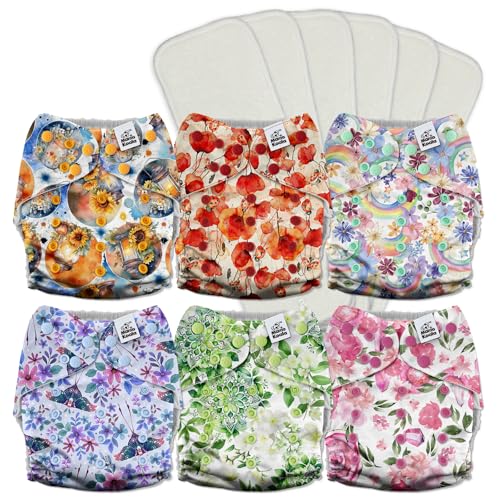 Mama Koala 3.0 Pocket Cloth Diapers for Babies with AWJ Lining, 6 Pack with 6 5-Layer Natural Cloth Diaper Inserts - Reusable and Washable Pocket Diapers(A-Pleasant Floral Scent)