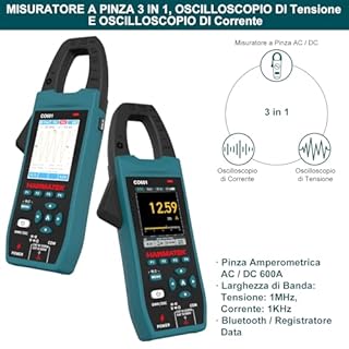 HANMATEK Multimetro con Oscilloscopio 2 in 1, Pinza Amperometrica Professionale, 5 MSa/s, Banda 1MHz, NCV, Bluetooth, Display TFT da 2,8", 600A/1000V, CO601