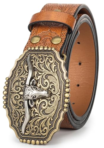 Mens Western Cowboy Belt Vintage PU Leather Belt With Longhorn Cow Pattern Buckle
