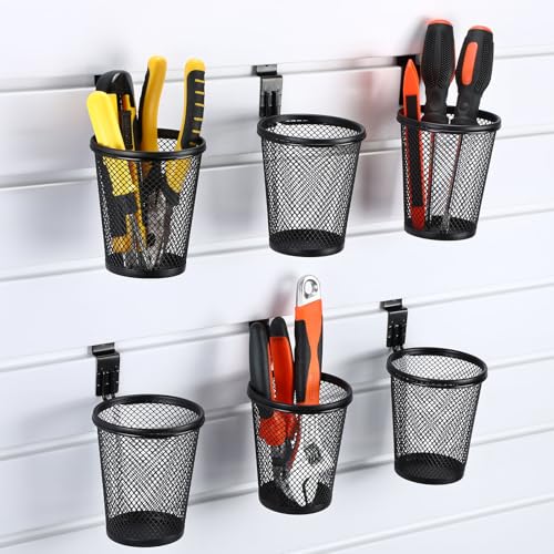 Briwooody 6 Set Slatwall Cups with Hook Loops, Mesh Steel Slatwall Tool Holder Bin Cups Pencil Holder Metal Slat Wall Organizer Accesories for Craft Garage Workshop Office Storage(Black)