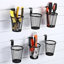 Briwooody 6 Set Slatwall Cups with Hook, Slatwall Holder Organizer Accesories, Slat Wall Bin Metal Mesh Pencil Tool Holder Steel Cups for Craft Garage Workshop Office StorageMedium,Black