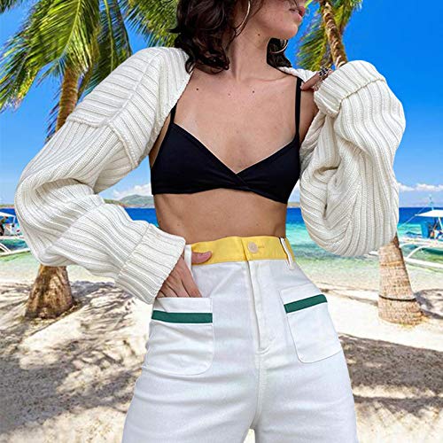 Image of High Collar Long Puff Sleeve Sweater Knitwear Solid Color Pullover Crop Top Ultra Short Turtleneck Sweatshirt