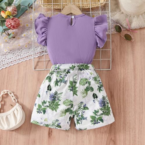 Image of Axumity Toddler Girl Clothes Outfits Tropical Print Short Sleeve Top + Belted Floral Shorts 2PC Summer Clothing Set(5-6T)