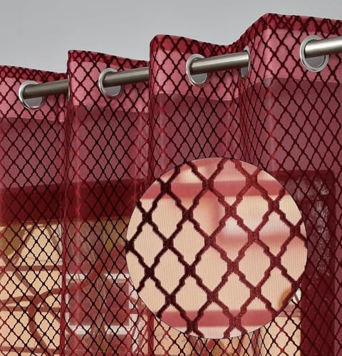 Image of IVAZA Heavy Premium Polyester Beautiful Moroccan Trellis Design Transparent Net Curtains | Modern Parde for Living Room Bedroom | Home Office Screens Long Door- 9 Feet (Pack of 2) Maroon
