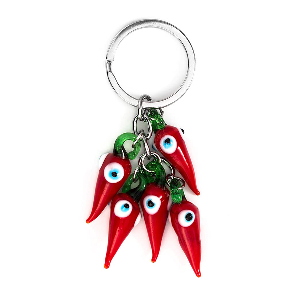 Key Chain - Fashionable Keychain Red Small Pepper Shape Keychain with Blue Evil Eye Charming House Keyring for Housewarming Gift
