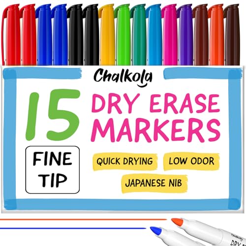 Chalkola Dry Erase Markers Fine Tip (15 Pack 12 Colors) | Thin Point Dry Erase White Board Pens - Non toxic Low Odor Whiteboard Markers for Kids Teachers Office School Classroom Supplies