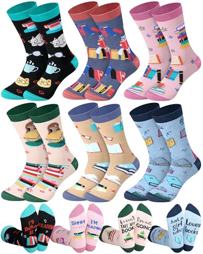 Liitrsh 6 Pairs Book Lover Socks for Women Funny Reading Crew Socks Novelty Bookish Gifts for Readers Teacher Librarian Birthday Graduation Gifts