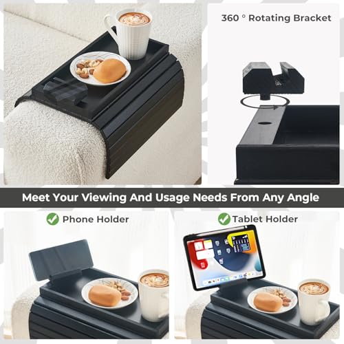 LOVYANXUE Bamboo Sofa Arm Tray Armrest Table with 360° Rotating Phone Holder, Anti Falling Couch Arm Tray, Foldable and Portable Sofa Armrest Cup Holder for Drink,Cups, Phone, Snacks, Remote by LOVYANXUE - Image 4