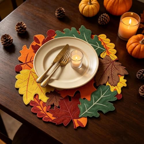 15'' Thanksgiving Maple Leaves Round Placemats Set of 4 for Table Decor | Handmade Embroidered Round Table Mats Fall Leaves Decor Heat Insulation Pad for Kitchen and Dining Table Centerpiece Decor - image 6