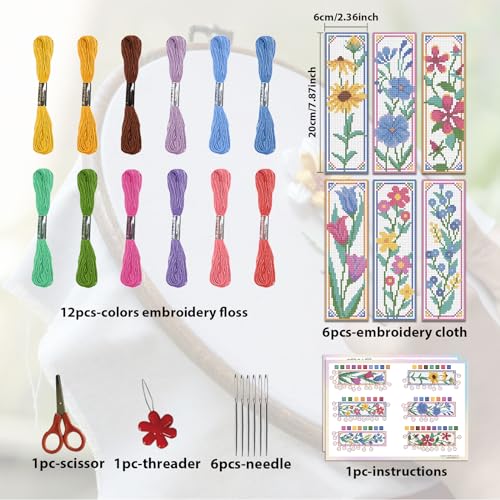 ORIGACH 6 Pcs Flower Cross Stitch Bookmark Kit for Beginner Sunflowers Tulip DIY Stamped Embroidery Bookmark Kit for Starter Printed Cross Stitch Kits with Instruction for Book Lovers 20x6cm - Image 2