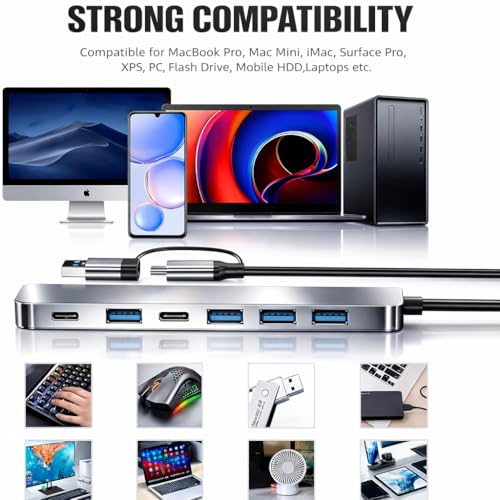 Image of Primate 8-in-1 USB-C Hub with Dual USB & Type-C Connectors, AUX Port, USB 3.0 /2.0, SD & microSD Card Reader, Data Transfer Adapter for Laptop, MacBook & PC