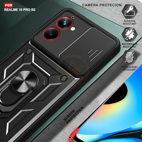 Image of Armor Bumper Back Cover Case for REALME 10 PRO Rotating Camera Cover, Ring Holder & Kickstand | Heavy Duty & 360 Degree Protection REALME 10 PRO Back Cover (Black)