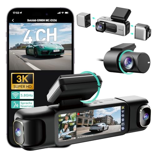 Image of BOTSLAB 4 Channel Dash Cam 3K Front and Rear Inside 560 Coverage with Magnetic Side Cameras Car Camera with 3.18 inchTouch Screen 24 /7 Parking Mode 5.8GHz WiFi GPS Voice Control (No SD Card)