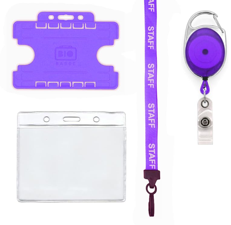 Complete 4 Piece Staff ID Badge Set PCL Media ltd Includes Staff Lanyard, Retractable Badge Reel, & Badge Pocket & Bio Double Sided ID Card Badge Holder (Staff Purple)