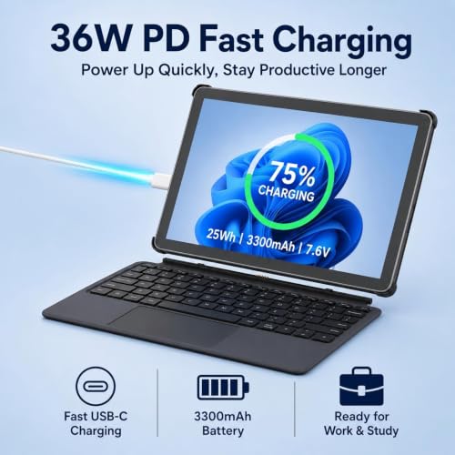 Image of AWOW 10.1 inch Tablet with Keyboard, 2-in-1 Mini Laptop Tablet PC, Intel N150, 12GB RAM 256GB SSD, in-Cell Display, 36W PD Fast Charging, WiFi 6, BT 5.0, HDMI, Type-C, 8MP+5MP Camera