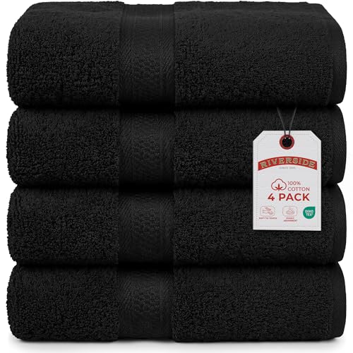 Image of RIVERSIDE 4 Pack Luxury Large Bath Towels, 27x54 Inches, 600 GSM, Black