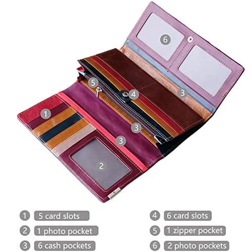 Women's Genuine Leather Wallet with Checkered Patchwork - Large Capacity Long Clutch Trifold Wallet Handbag Multicolor Ladies Purse3