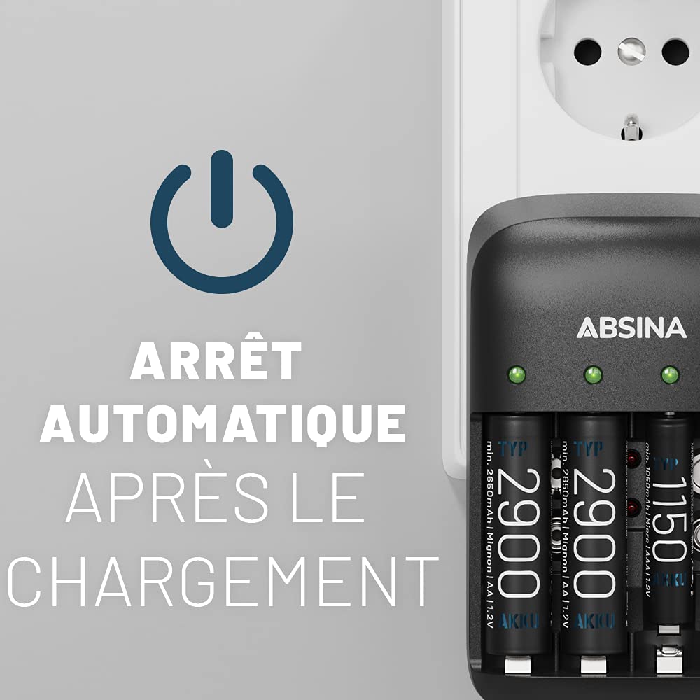 ABSINA Chargeur de Piles Rechargeables AA AAA & 9V + 8X AAA 1150 Pile
