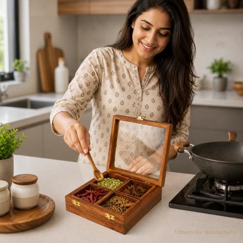 Image of Shesham Wood Masala Box with Glass Lid & Wooden Spoon | 4 Compartments Spice Storage | Handmade Masala Dabba for Kitchen | Wooden Spice Box Container for Dry Fruits & Condiments