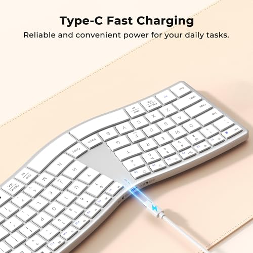 Image of MEETION Wireless Ergonomic Keyboard, Split S-Curve, Bluetooth & 2.4G, White | Rechargeable full-size keyboard with slim low-profile keys, Bluetooth and 2.4G wireless for Windows, Mac, PC and laptop