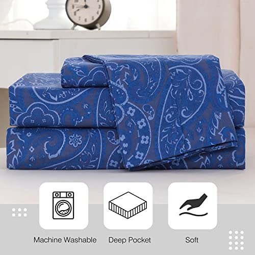 Kacemoo Bed Sheets Full Size 4Pc - Navy Blue Paisley Sheets Printed Floral Sheet Set Flower Pattern Deep Pocket Fitted Bed Sheet Set Microfiber Soft Breathable 1800 Thread Count Double Bedding Set #TOP5