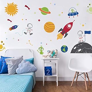 decalmile Outer Space Wall Decals Planets Rocket Spaceship Robot Alien and Astronaut Kids Wall Stickers Nursery Bedroom Playroom Classroom Wall Decor