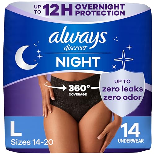 Always Discreet Adult Incontinence Overnight Underwear for Women, Large, Up to 100% Bladder Leak Protection, 14 Count