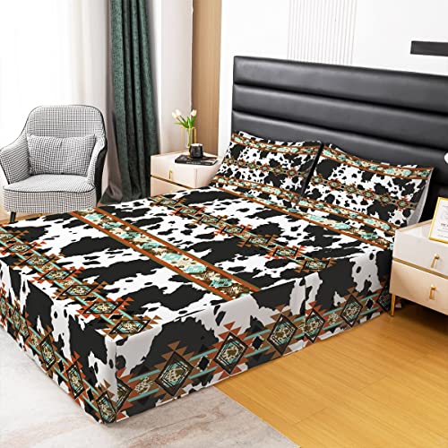 Cowhide Bed Skirt Black And White Highland Cow Print Bedding Decor,Western Bed Skirts King Exotic Aztec Bedskirt,Farmhouse Wild Animals Longhorn Skin Room Decor Cowboys Gifts For Men #TOP1