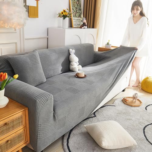 Funda elástica para sofá, Jacquard, de forro polar, antideslizante, con borde elástico, protección para muebles, color gris oscuro 4 seater