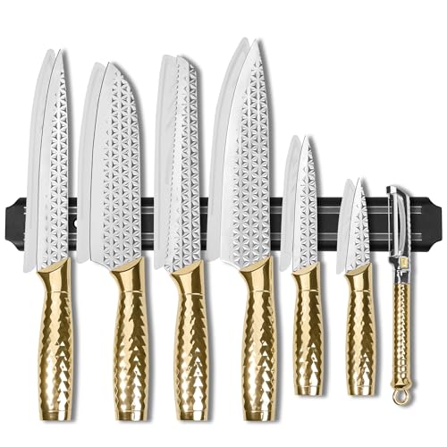 Qianying Kitchen Knife Set 14 Pcs with Magnet Holder, Strong Magnetic Knife Strip for Wall, Knives Block Set with Sheath, Chef Knives and Santoku Knives, Stainless Steel Blade, Dishwasher Safe -Gold