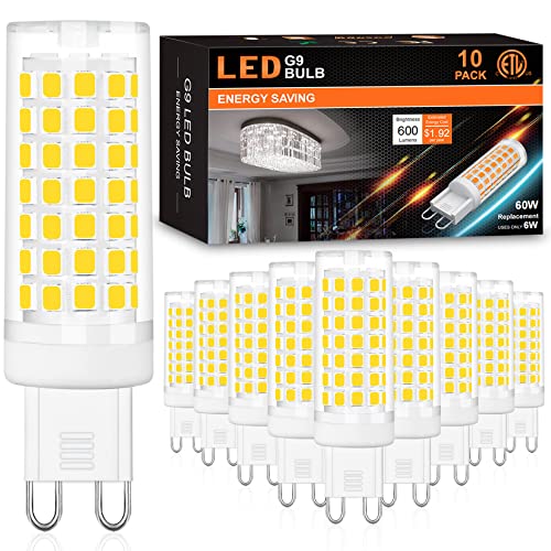 Hansang 10 Pack G9 Led Bulbs 4000K Natural Daylight 6W (60W Halogen Equivalent) T4 Chandelier Light Bulbs G9 Bi Pin Ceramic Base, No-Flicker Ac120V 600Lm 360°Beam Angle No-Dimmable #TOP30