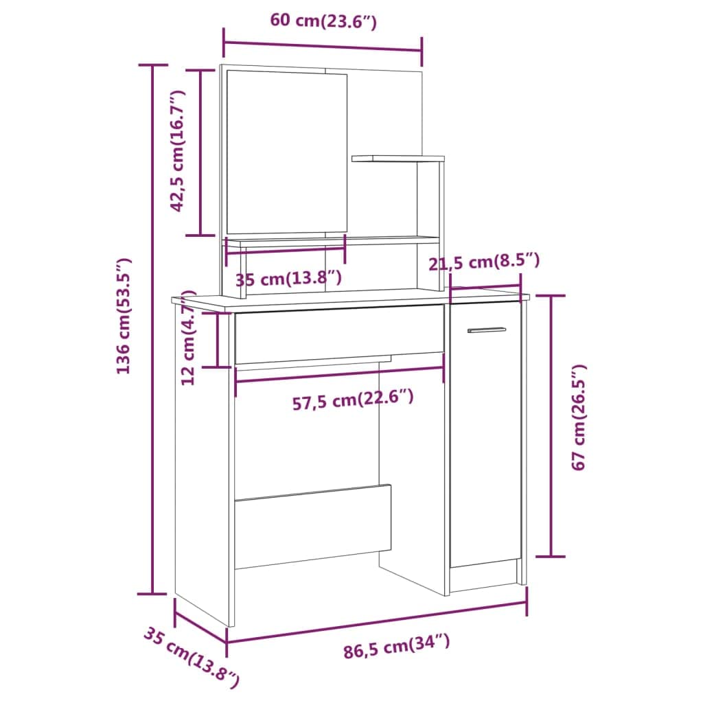 Schminktisch-Set Grau Sonoma 86,5x35x136 cm mit Hocker und Spiegel, moderner Holzwerkstoff-Schminktisch mit viel Stauraum für Make-up und Schmuck, ideal für Schlafzimmer