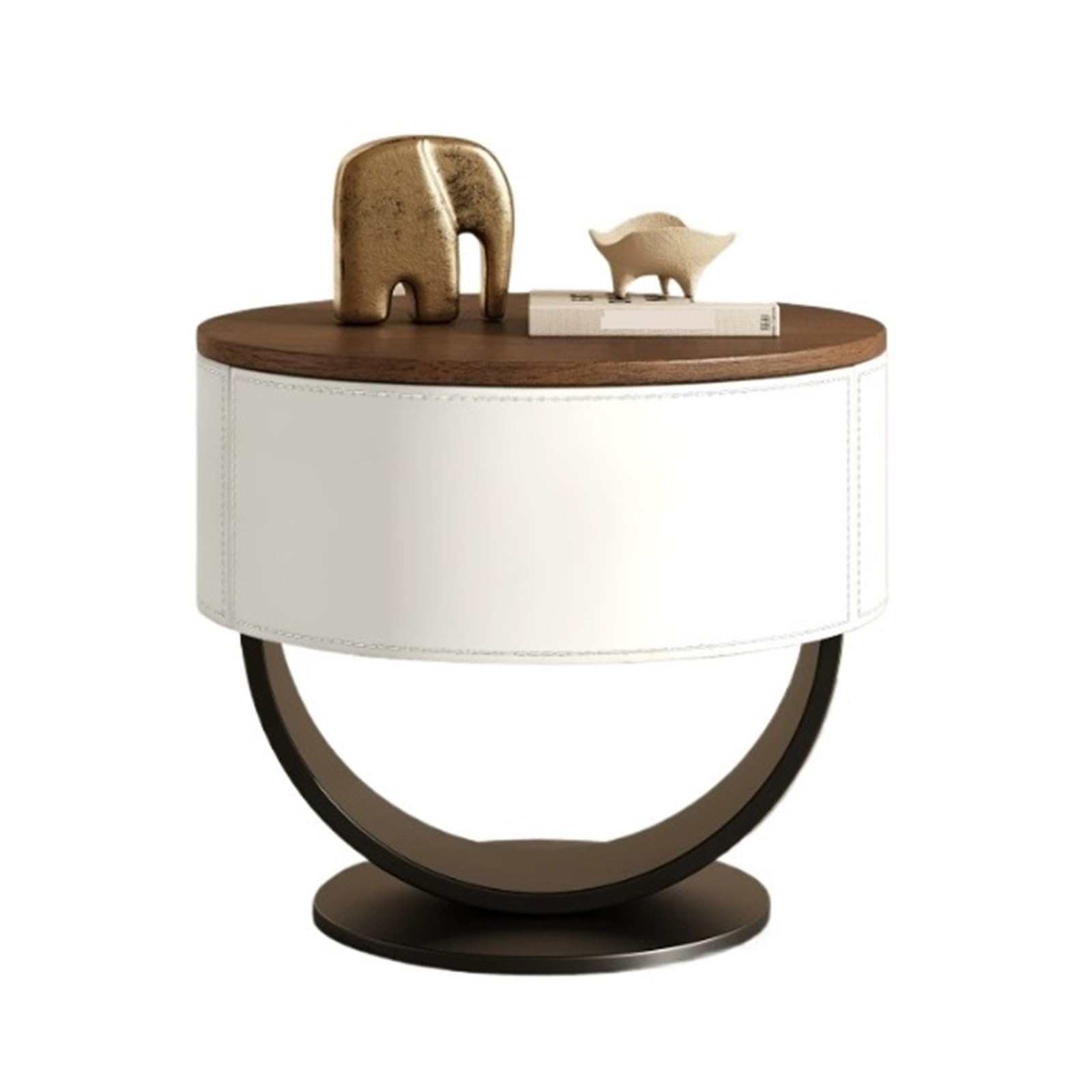 HLHLOP777 Nightstand Round Bedside Table Made With Leather Trim And A Hidden Drawer Bedroom Furniture(White)
