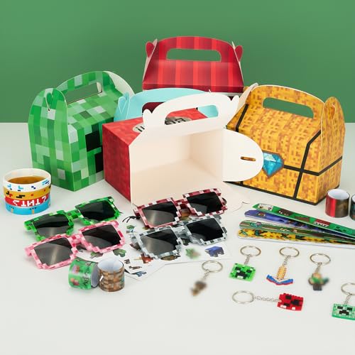 160-teiliges Pixel Mitgebsel Set für 12 Gäste, Miner Gamer Gastgeschenke zum Geburtstag mit 12 Pixel Sonnenbrillen, Geschenkboxen, Schlüsselanhängern, Armbändern, Schnapparmbändern und 100 Stickern