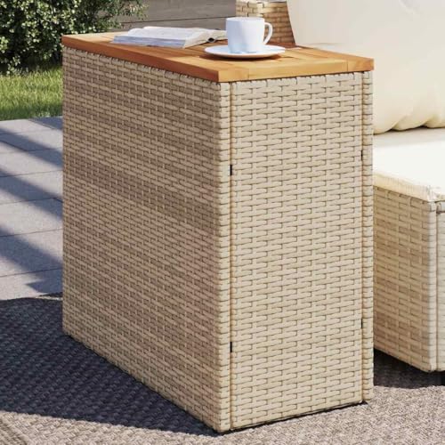 Mesa de sofá ratán PE beige con tapa de madera maciza para terraza exterior 3