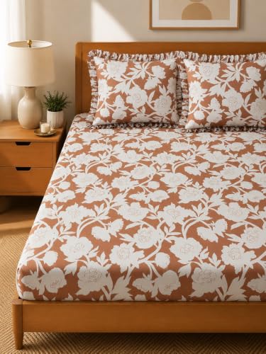 Image of 380 TC Premium Glace Cotton Elastic Fitted Bedsheet King Size with 2 Pillow Covers King Size | Double Bed with All Around Elastic (Brown Floral, Fitted Queen-60x78)