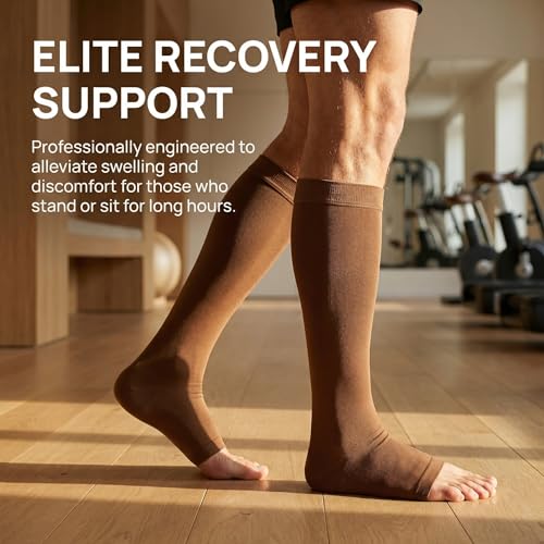 Image of MGANG Knee High Compression Socks 20-30mmHg for Varicose Veins, Open Toe | Graduated Compression, Circulation, DVT, Swelling, Nurses, Pregnancy, Standing, Office, Flight, Travel, Running, Recovery