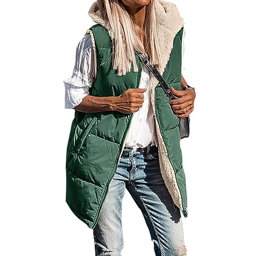 Long Puffer Vest Women Quilted Down Jackets Sleeveless Fleece Jacket Reversible Winter Coat Zip Up Hoodie with Pocket