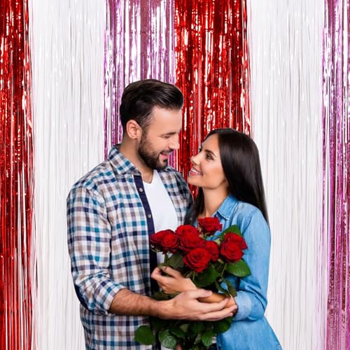 Image of TONIFUL Valentine's Day Door Streamers,Red Pink and White Photo Booth Backdrop Metallic Streamers Foil Fringe Curtain for Birthday Valentine's Day Bridal Shower Engagement Party Decoration