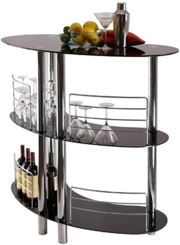 Pemberly Row Curved Transitional Metal/Glass Home Bar, 47 in Wide, Black Finish, Tempered Glass Shelves, Modern Design, Chrome Accents, 41 in Height, Elegant Bar Unit for Entertainment Spaces