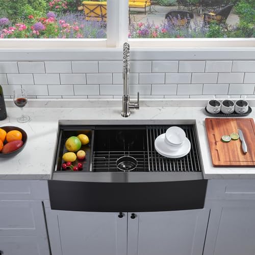 Image of 33 Inch Black Farmhouse Sink, Undermount Stainless Steel Apron Front Farm Kitchen Sink Single Bowl Workstation 16 Gauge 33x20x9 with Accessories