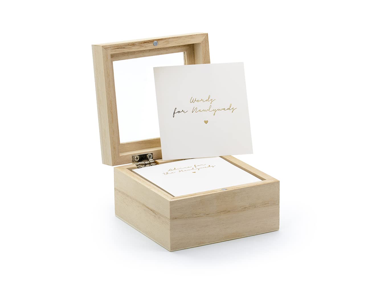 PartyDeco Wooden Guest Book Box with 110 Advice Cards – Unique Wedding Guest Book Alternative, White Cards with Gold Inscription for Advice and Wishes, 9.5 x 9.5 x 6 cm