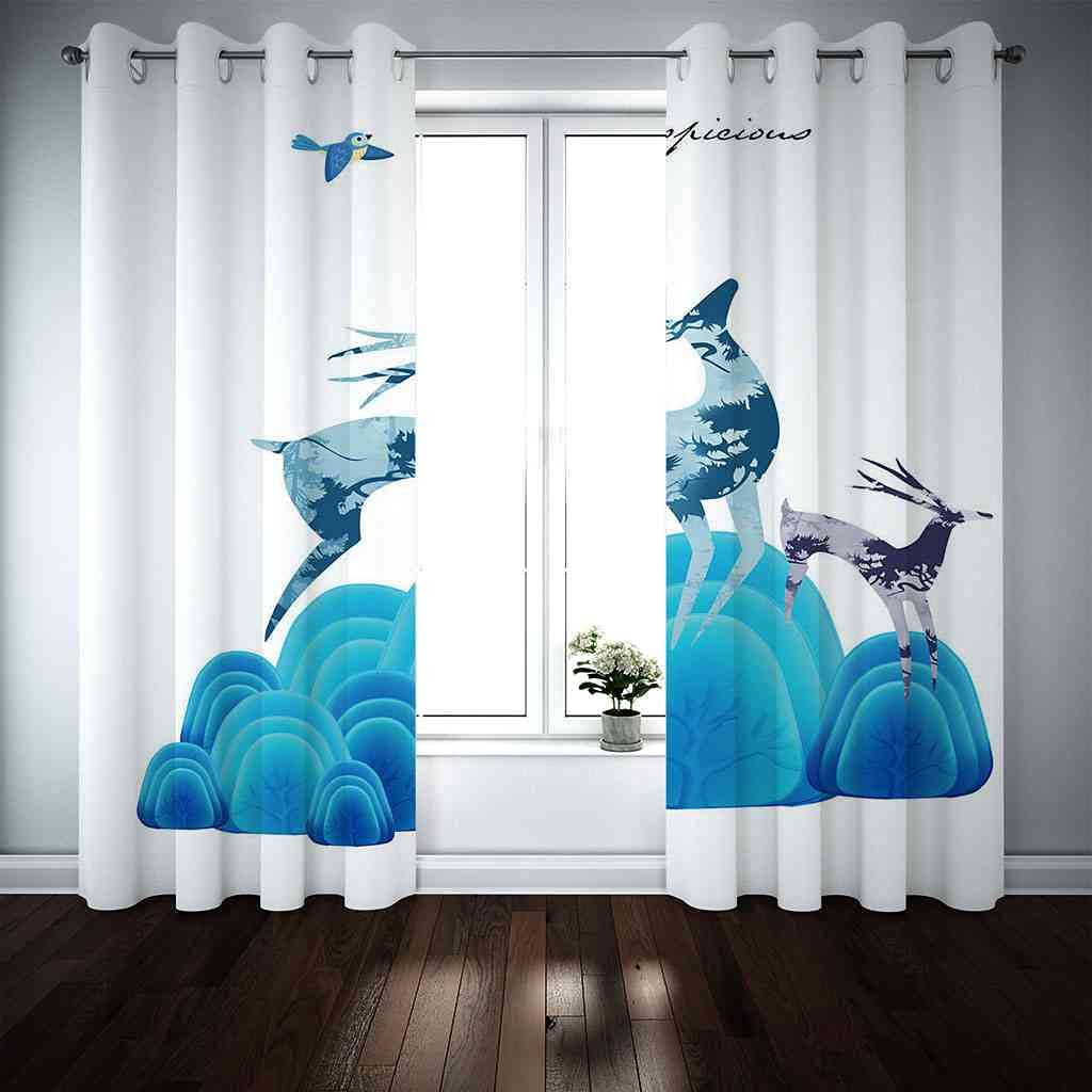 Tenda Oscurante Finestra Termica Isolante Con Occhielli Per Interni Soggiorno 2 Pannelli Tende Oscuranti Bambini Camera Da Letto Finestre 183x214cm 3D Alci Alberi Blu Motivo