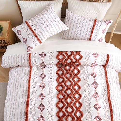 Image of MOVE OVER 100% Cotton Tufted Duvet Cover Set Queen 3 Pieces Burnt Orange Boho Chic Farmhouse Bedding Set with Zipper Closure and Ties Mid Century Modern Comforter Cover All Seasons